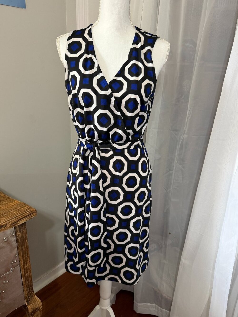 INC International Concepts Wrap Dress L Blue Black White Geometric Print
